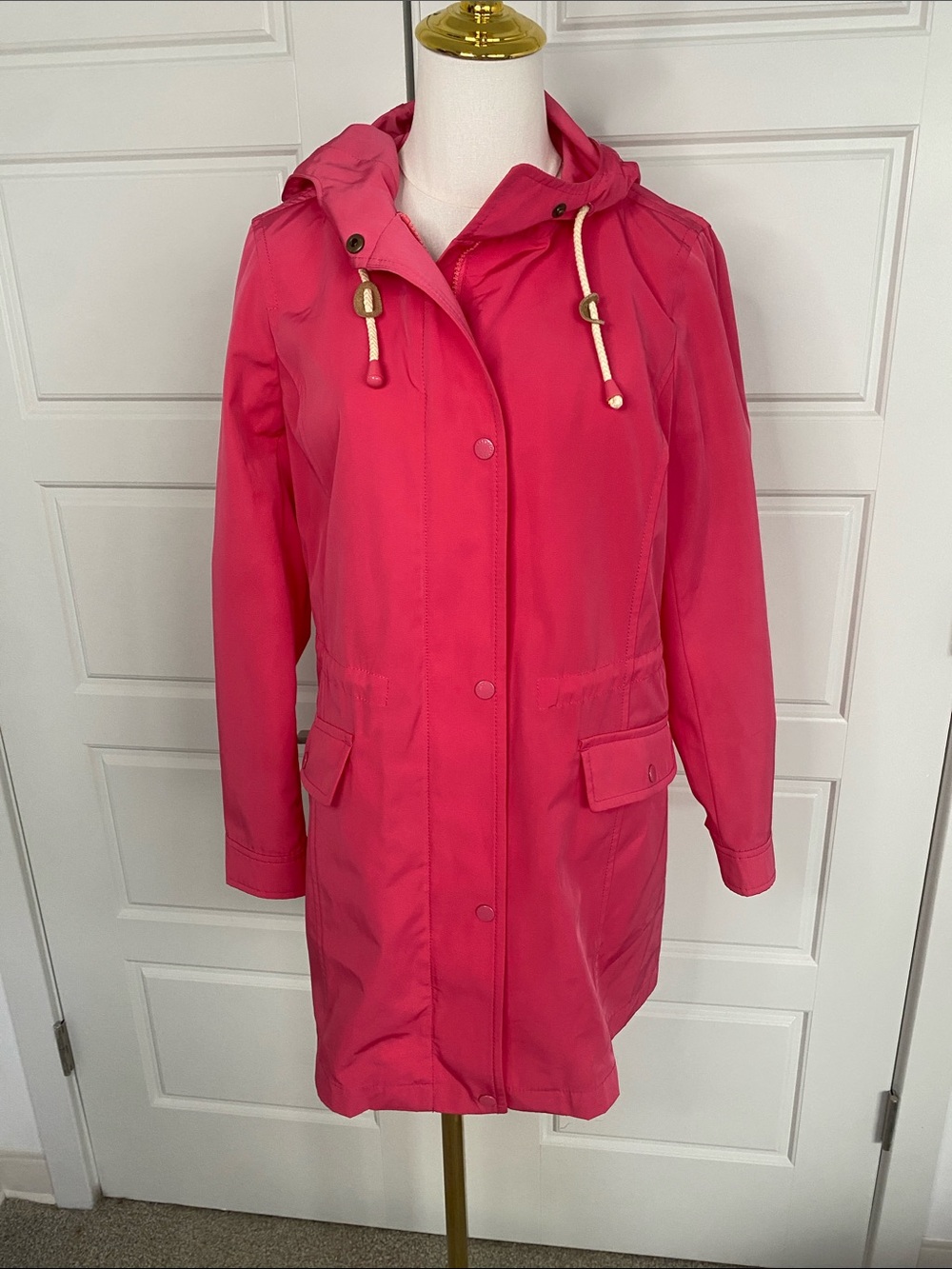 Talbots Hot Pink Hooded Raincoat Jacket Small Drawstring Waist Anorak